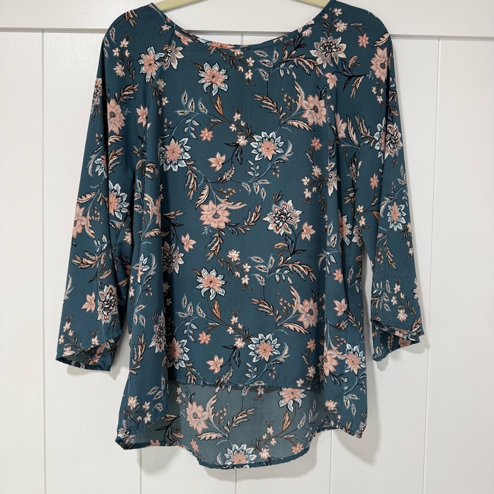 ✨ Papermoon Teal Floral Blouse Lightweight Flowy 3/4 Sleeve — Size M ✨